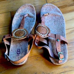 UGG Ayden brown leather sandals, size 8.